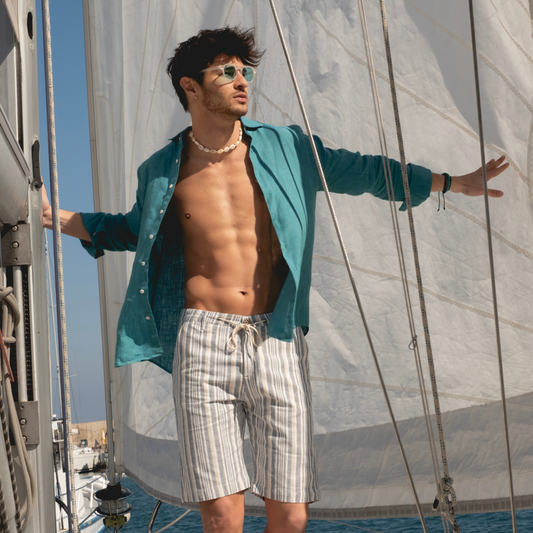 Men's Pale Blue Striped Linen Chino Shorts Slim Fit