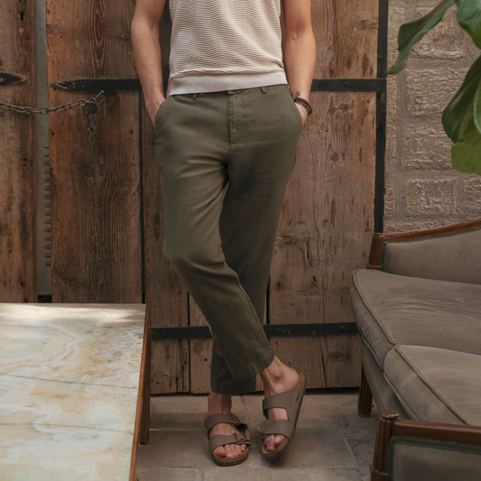 Army Green Relaxed Fit Linen Pants