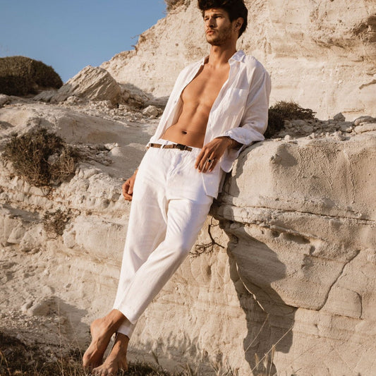 White Mens 100 Linen Tapered Beach Pants Trousers Relaxed Fit